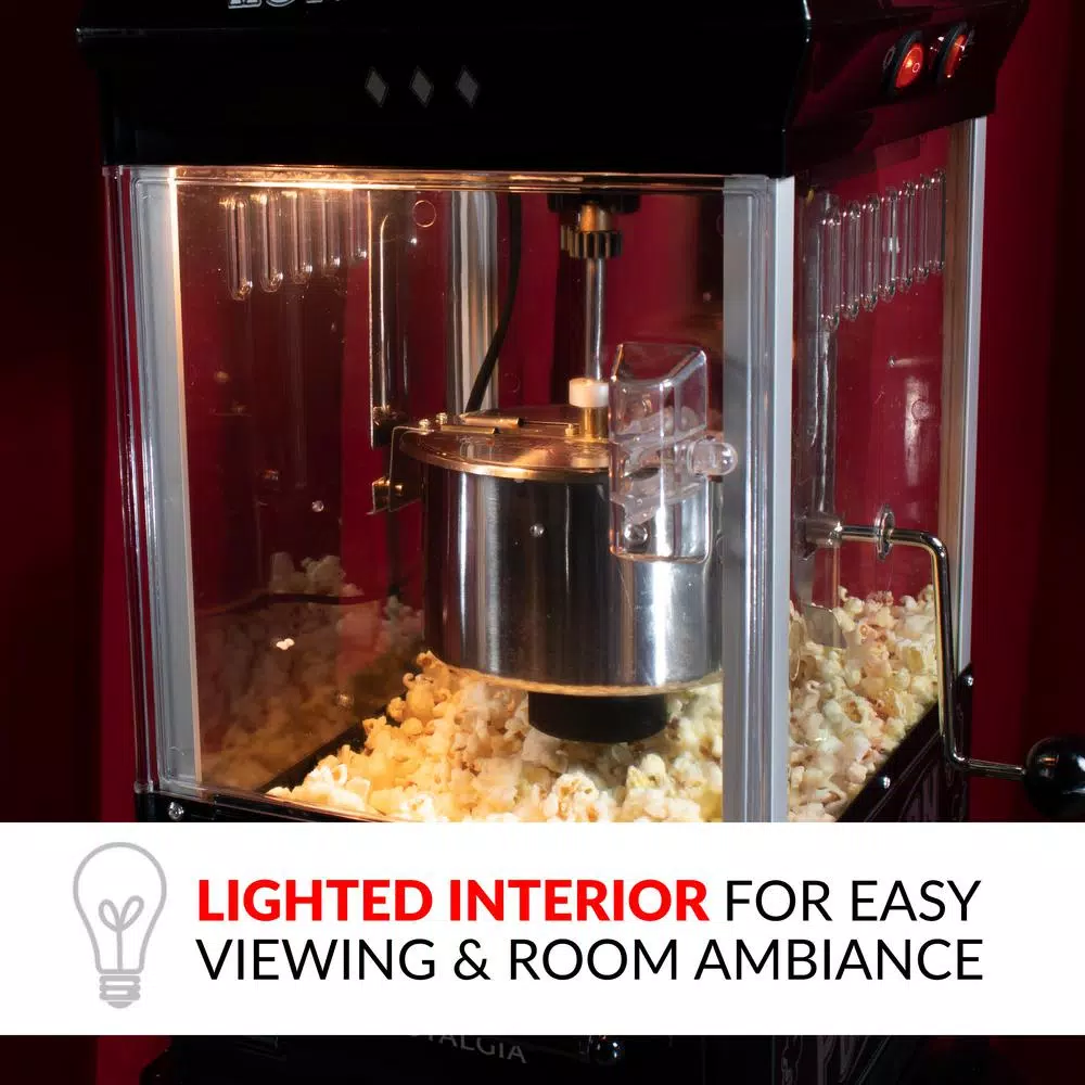 Popcorn Machines Nostalgia 300 W 2.5 Oz. Black Popcorn Cart With 5 Qt. Popcorn Bowl - Image 4