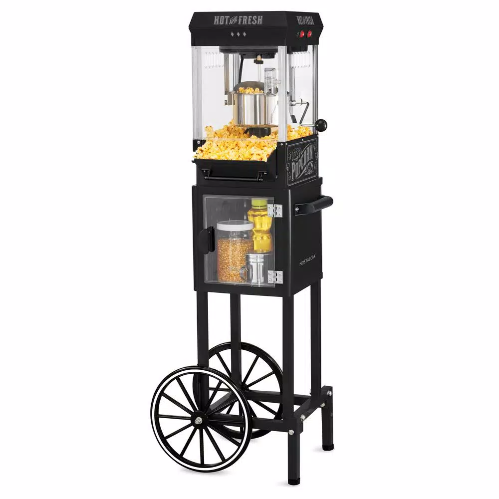 Popcorn Machines Nostalgia 300 W 2.5 Oz. Black Popcorn Cart With 5 Qt. Popcorn Bowl