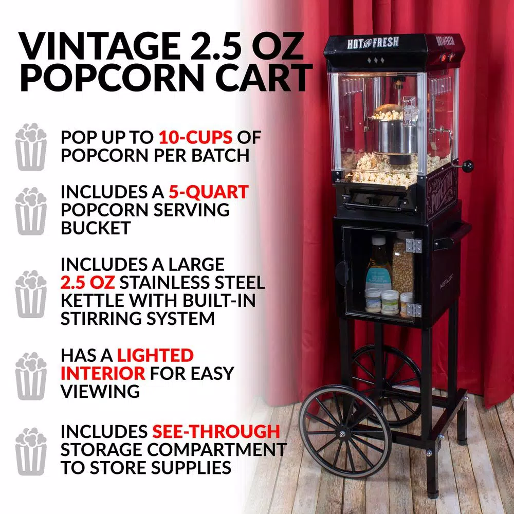 Popcorn Machines Nostalgia 300 W 2.5 Oz. Black Popcorn Cart With 5 Qt. Popcorn Bowl - Image 2