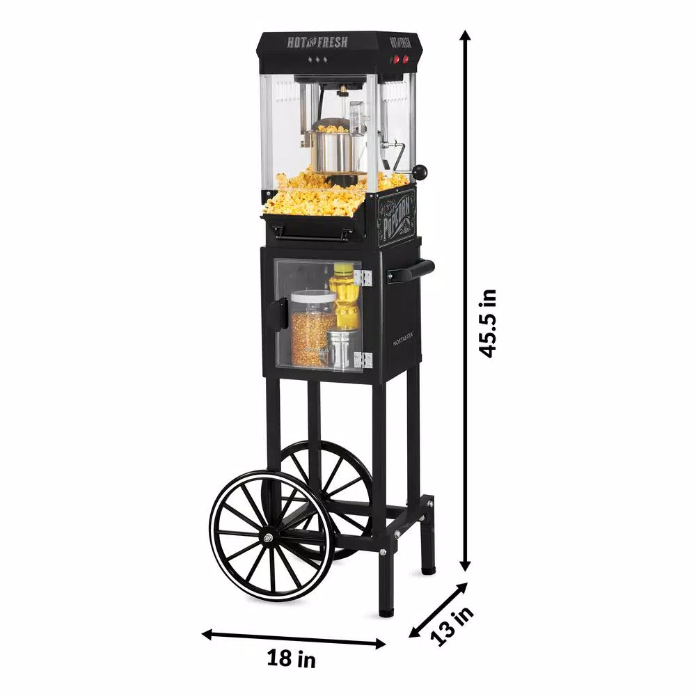 Popcorn Machines Nostalgia 300 W 2.5 Oz. Black Popcorn Cart With 5 Qt. Popcorn Bowl - Image 6