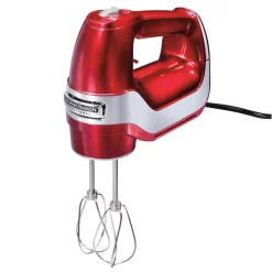 Mixers Hamilton Beach 5-Speed Red And Chrome Hand Mixer With Stainless Steel Twisted Wire Beaters, Whisk, Dough Hooks And Snap-On Storage Case