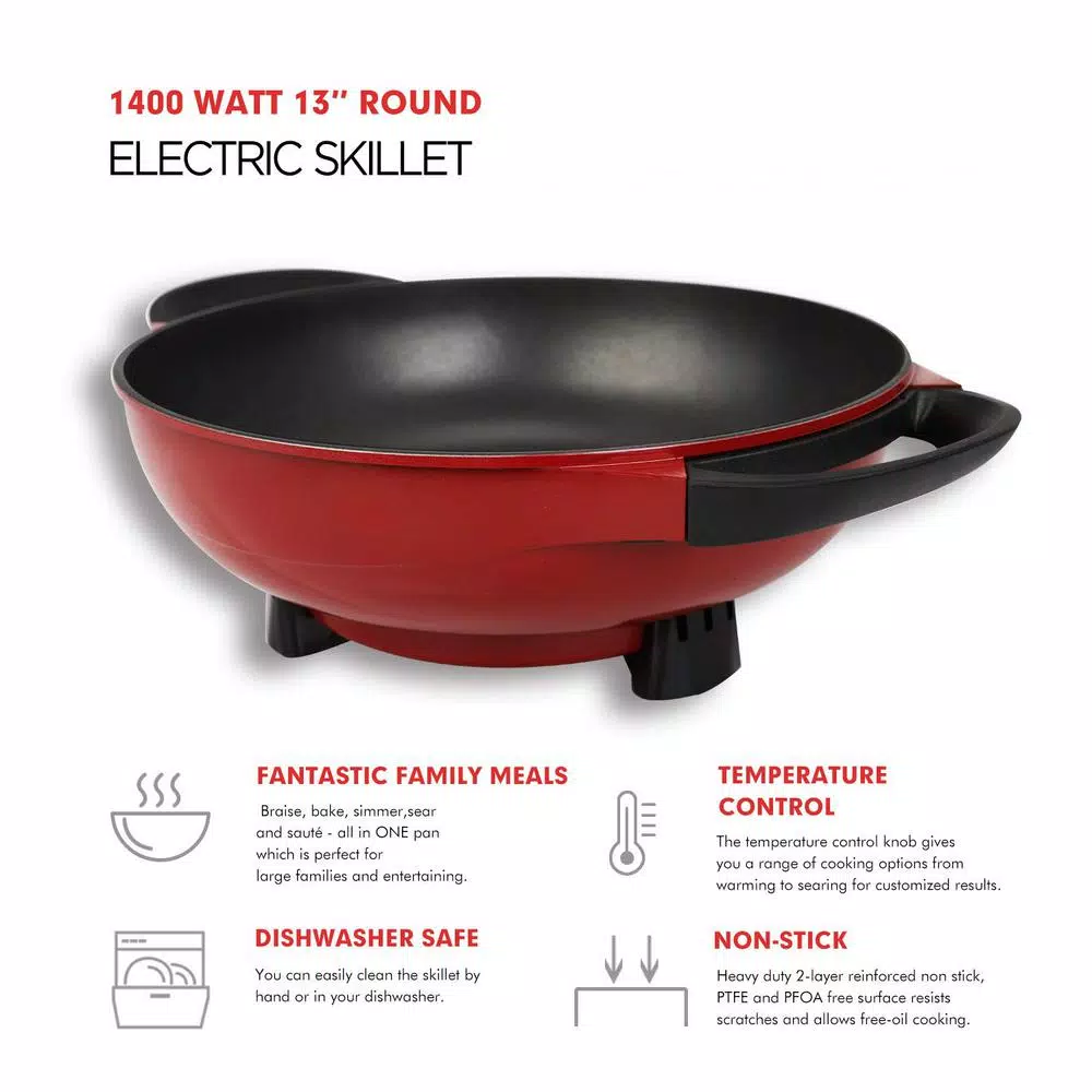 Electric Skillets & Indoor Grills Boyel Living 6.3 In. X 16.9 In. X 13 In. Red 1400-Watt Professional Non-Stick Copper Electric Skillet Jumbo - Image 6