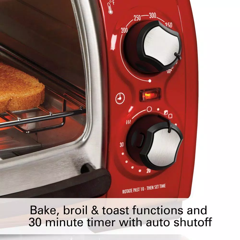 Toasters Hamilton Beach Easy Reach 1200 W 4-Slice Red Toaster Oven With Roll-Top Door - Image 6