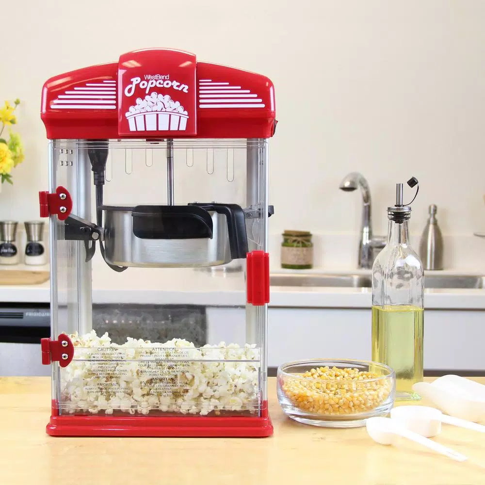 Popcorn Machines West Bend 4-Quart Red Hot Oil Movie Theater Style Popcorn Popper Machine With Nonstick Kettle Includes Measuring Cup And Scoop - Image 3