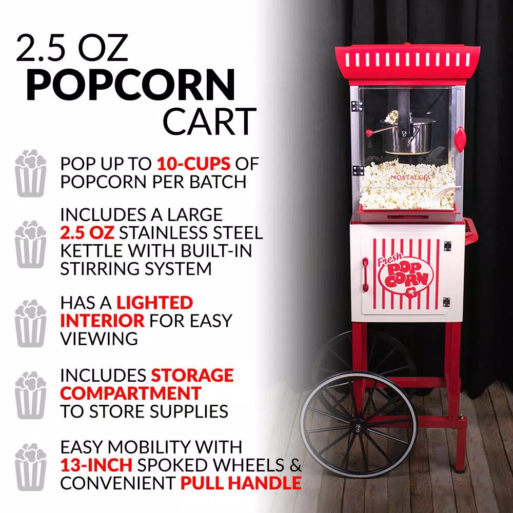 Popcorn Machines Nostalgia 380 W 2.5 Oz. Red Hot Air Popcorn Cart With Easy Mobility - Image 2