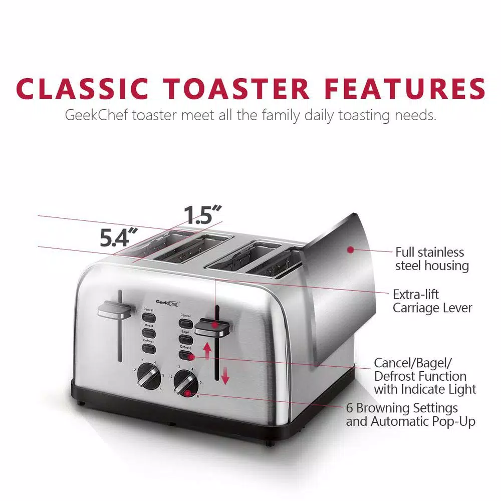 Toasters Boyel Living 1500 W 4-Slice Silver Wide Slot Toaster With Dual Control Panels - Image 8