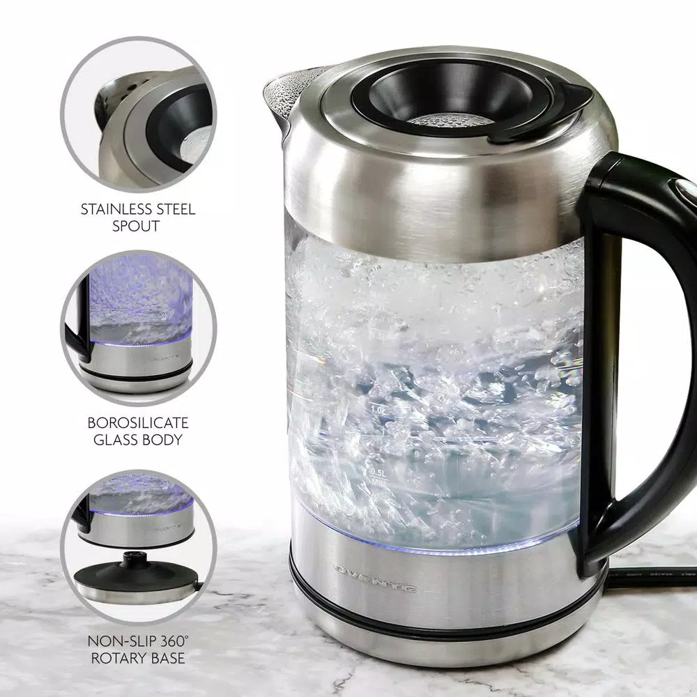 Electric Kettles Ovente 7-Cup 1.7 L Silver Glass Electric Kettle With ProntoFill Technology-Fill Up With Lid On - Image 6