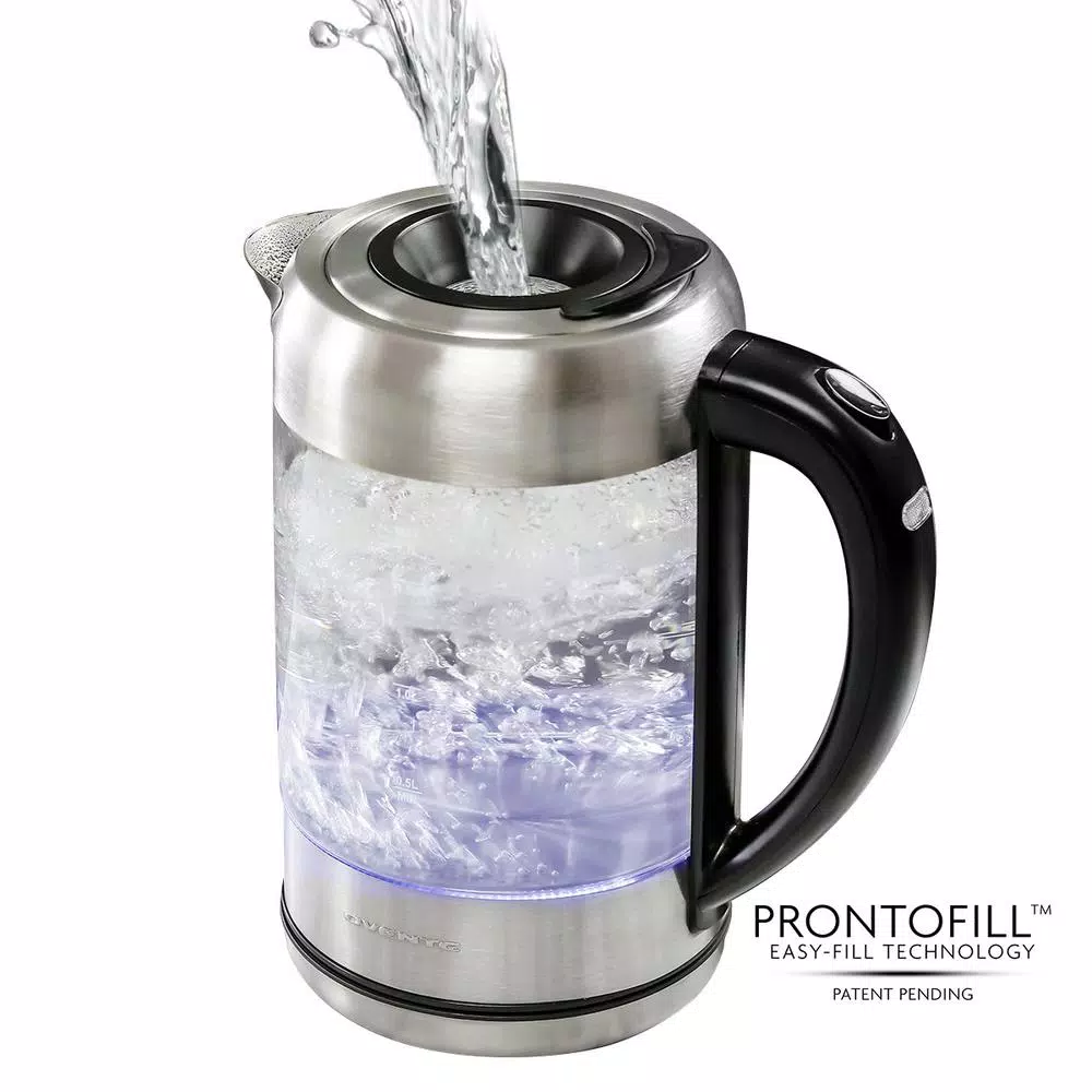 Electric Kettles Ovente 7-Cup 1.7 L Silver Glass Electric Kettle With ProntoFill Technology-Fill Up With Lid On