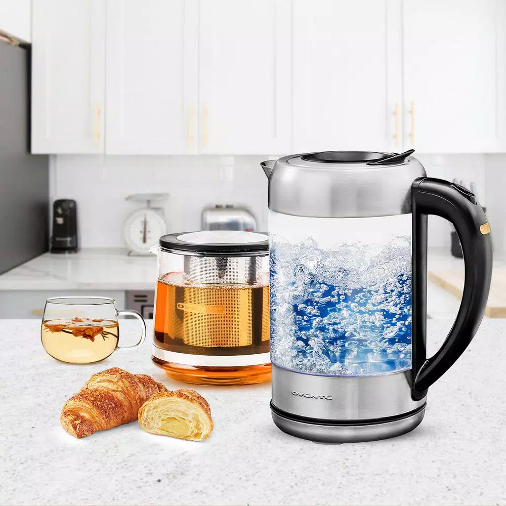 Electric Kettles Ovente 7-Cup 1.7 L Silver Glass Electric Kettle With ProntoFill Technology-Fill Up With Lid On Glass Reusable Teapot Infuser - Image 7