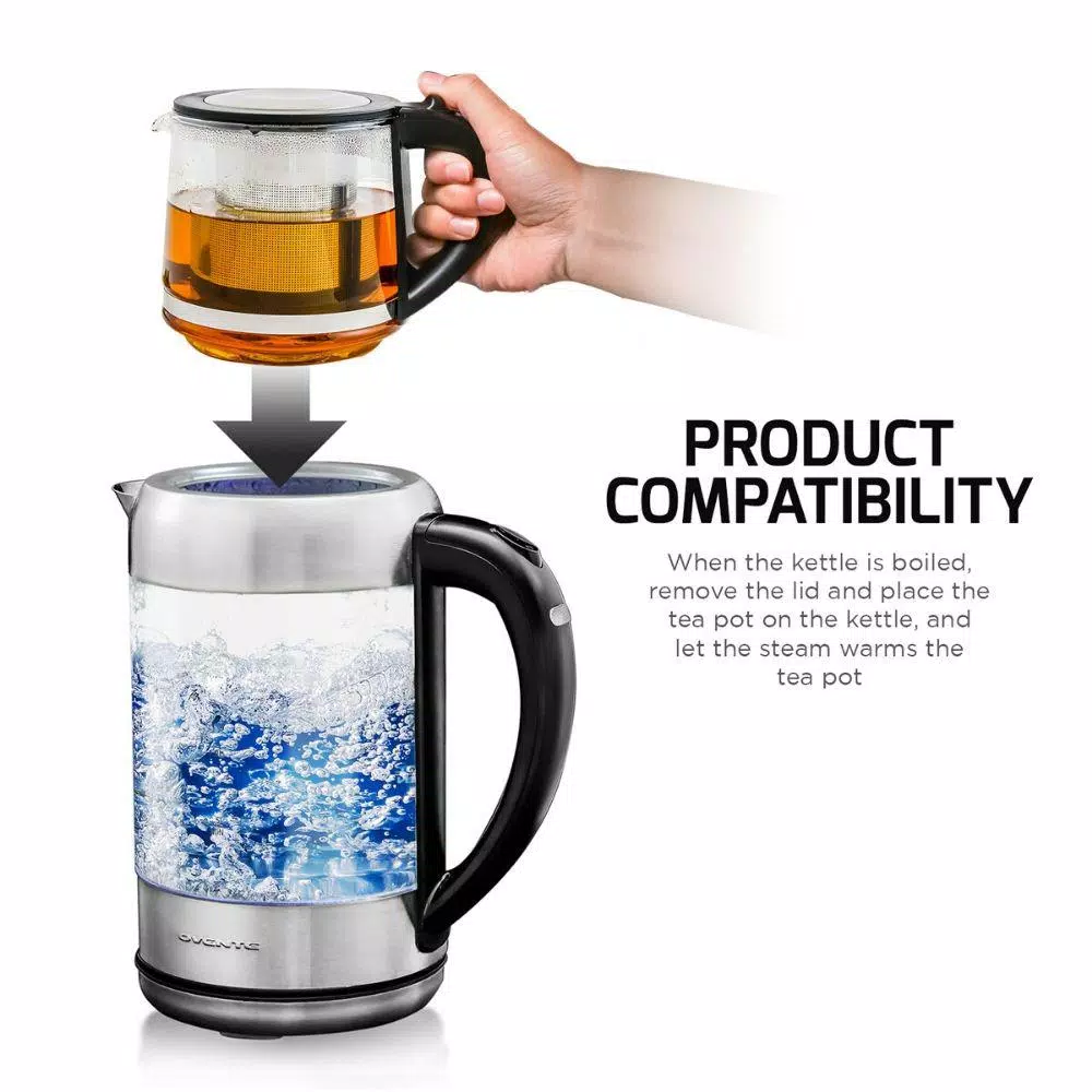 Electric Kettles Ovente 7-Cup 1.7 L Silver Glass Electric Kettle With ProntoFill Technology-Fill Up With Lid On Glass Reusable Teapot Infuser - Image 3