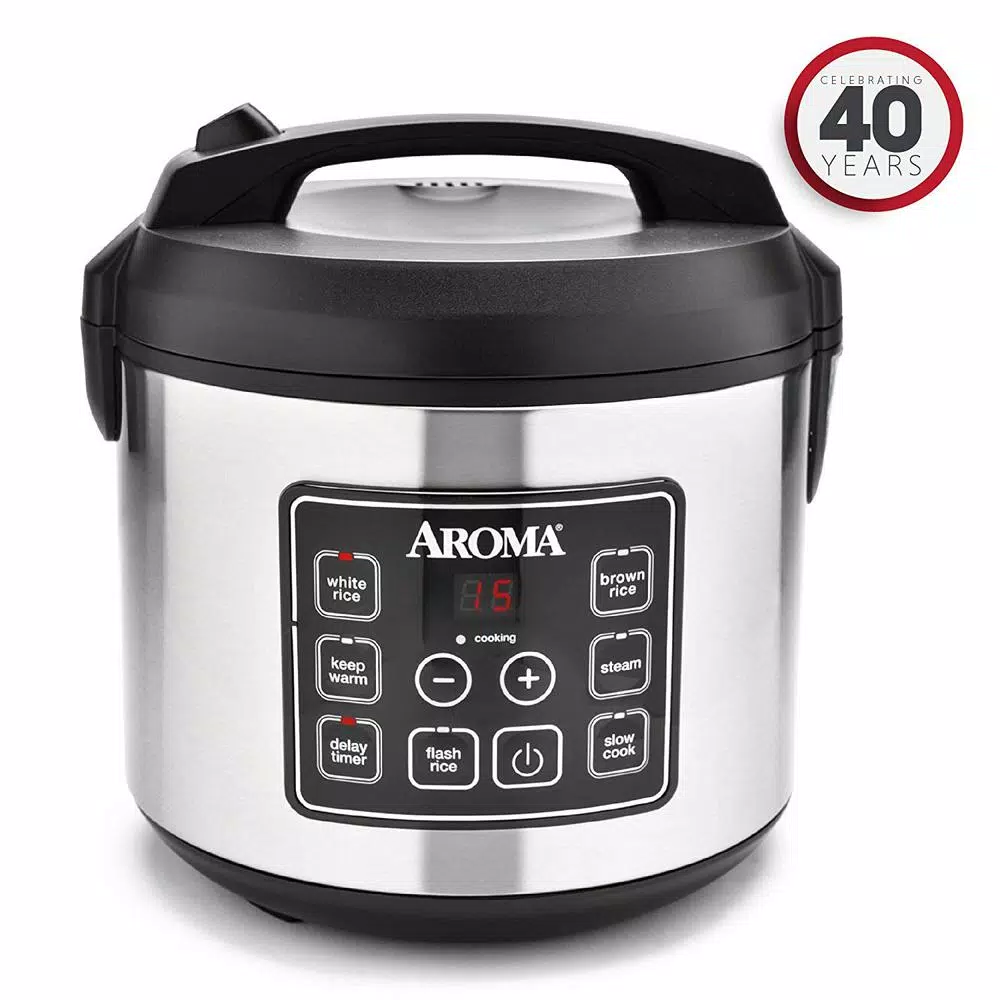 Cookers AROMA 20-Cup Silver Rice Cooker With Food Steamer And Slow Cooker Functions