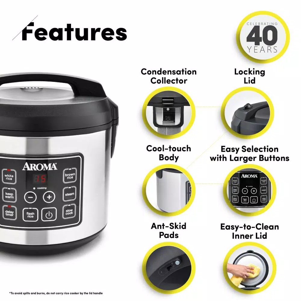 Cookers AROMA 20-Cup Silver Rice Cooker With Food Steamer And Slow Cooker Functions - Image 2