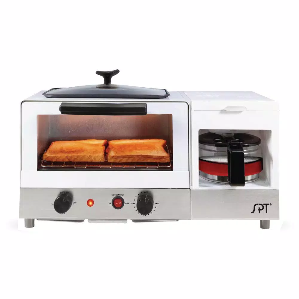 Toasters SPT Breakfast Center 1450 W 2-Slice White And Stainless Steel Toaster Oven With Griddle And Coffee Maker