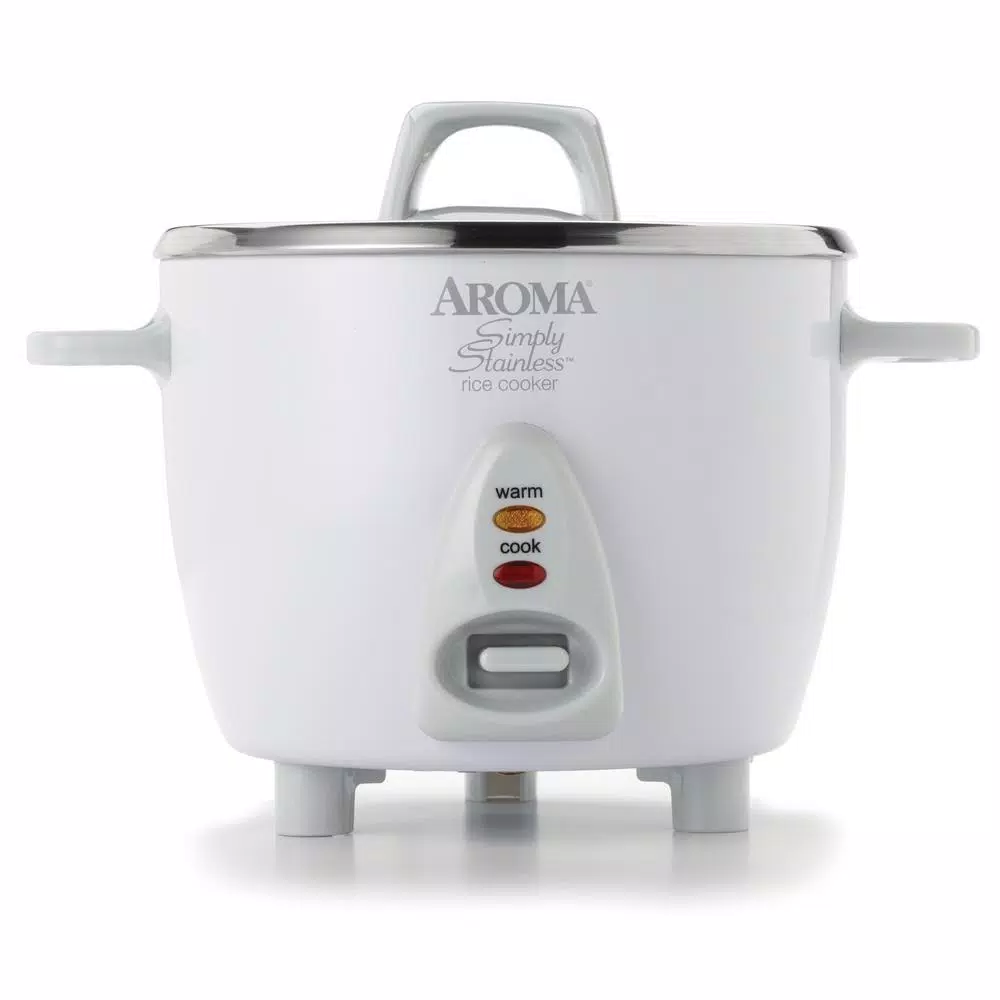 Cookers AROMA Simply 6-Cup Stainless Steel White Rice Cooker With Measuring Cup And Serving Spatula