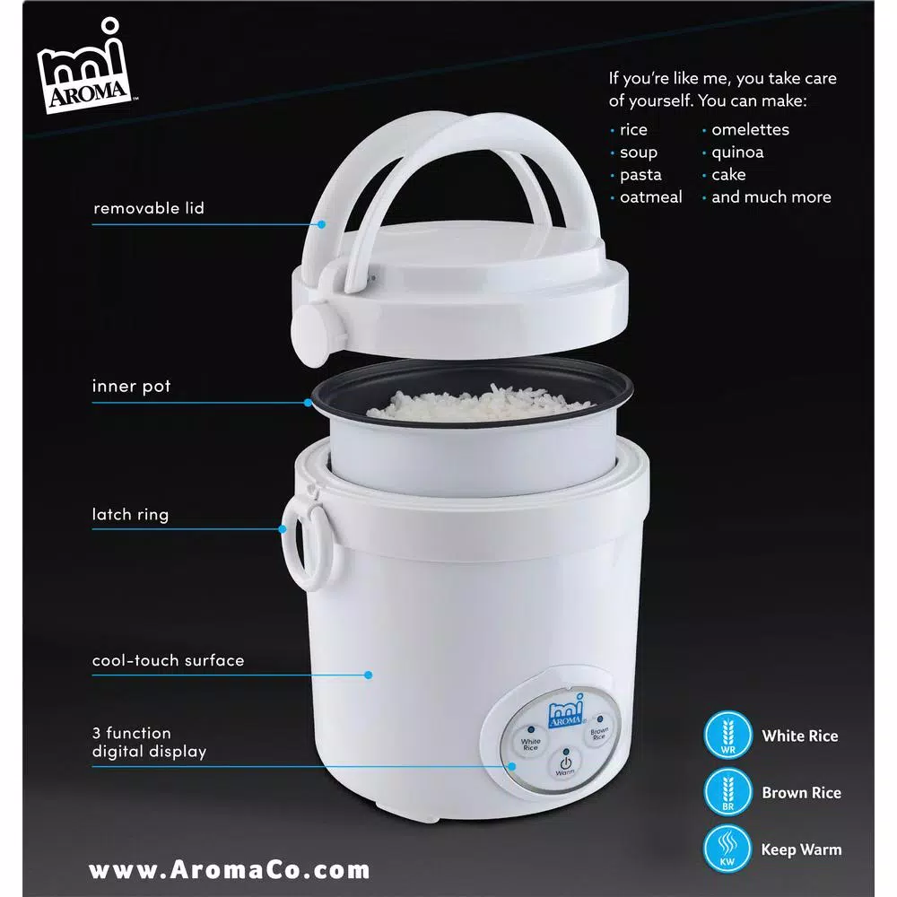 Cookers AROMA 3-Cup White Mini Rice Cooker With Non-Stick Cooking Pot - Image 3