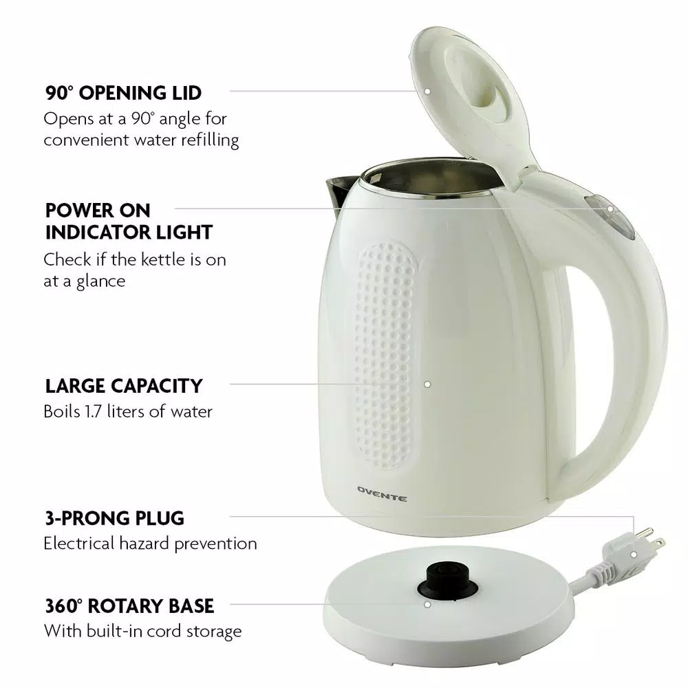 Electric Kettles Ovente 7-Cup White Stainless Steel BPA-Free Electric Kettle With Auto Shut-Off And Boil-Dry Protection - Image 6